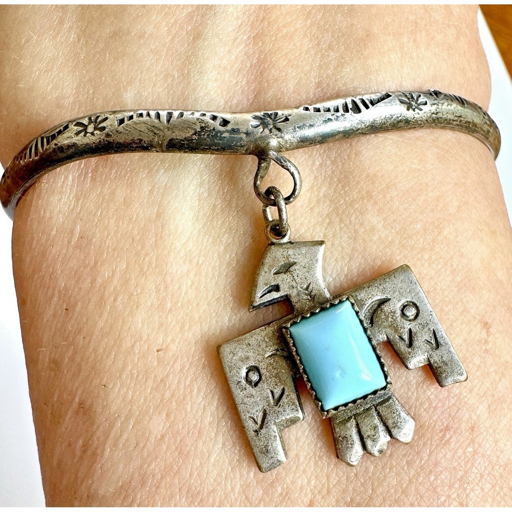 VTG Navajo Thunderbird Cuff Bracelet‎ Turquoise Harvey Era Dangle Native Amer